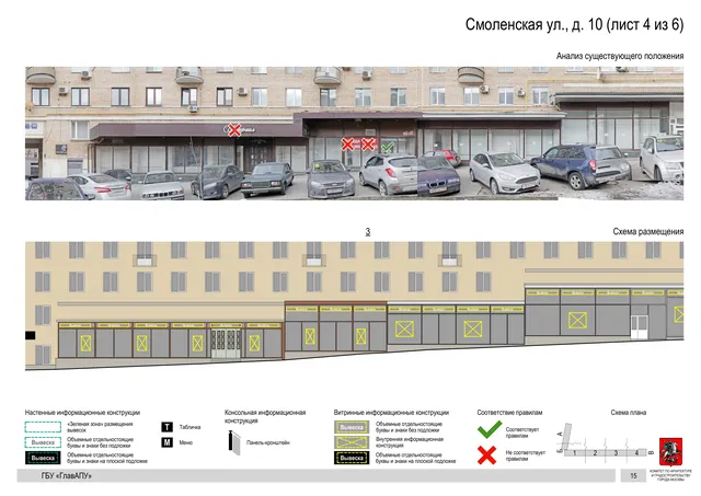Архитектурная концепция размещения вывесок — Смоленская улица, 10, Москва, лист 4 из 6 · Документ по адресу · Архитектурно-художественная концепция · 2019 год
