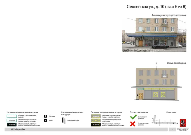 Архитектурная концепция размещения вывесок — Смоленская улица, 10, Москва, лист 6 из 6 · Документ по адресу · Архитектурно-художественная концепция · 2019 год
