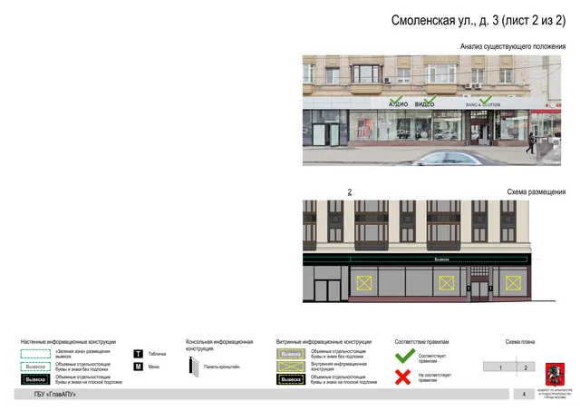Архитектурная концепция размещения вывесок — Смоленская улица, 3, Москва, лист 2 из 2 · Документ с наиболее поздним указанным годом · Архитектурно-художественная концепция · 2019 год