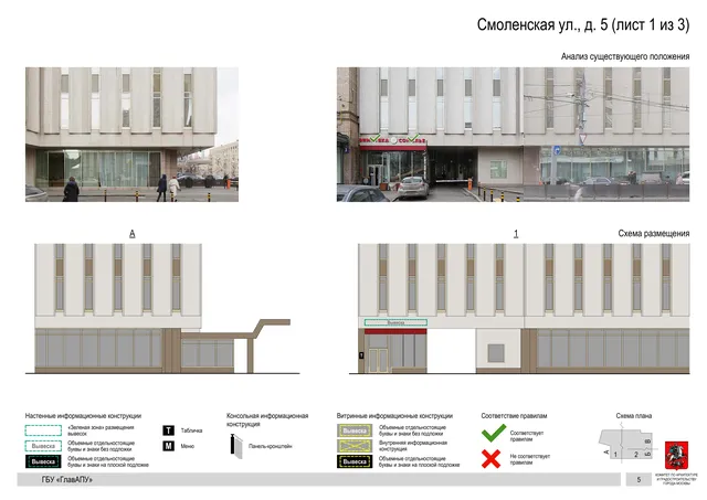 Архитектурная концепция размещения вывесок — Смоленская улица, 5, Москва, лист 1 из 3 · Документ с наиболее поздним указанным годом · Архитектурно-художественная концепция · 2019 год