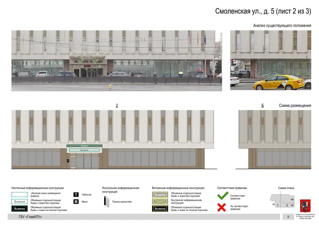 Архитектурная концепция размещения вывесок — Смоленская улица, 5, Москва, лист 2 из 3 · Документ с наиболее поздним указанным годом · Архитектурно-художественная концепция · 2019 год