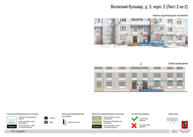 Архитектурная концепция размещения вывесок — Волжский бульвар, 3, корп. 2, Москва, лист 2 из 2 · Документ по адресу · Архитектурно-художественная концепция · 2016 год
