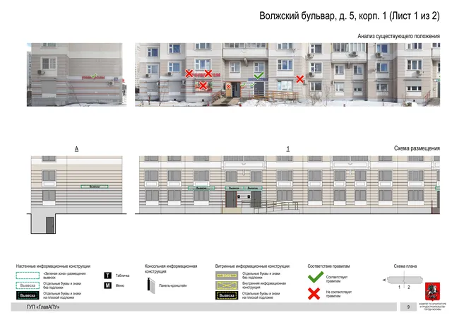 Архитектурная концепция размещения вывесок — Волжский бульвар, 5, корп. 1, Москва, лист 1 из 2 · Документ по адресу · Архитектурно-художественная концепция · 2016 год
