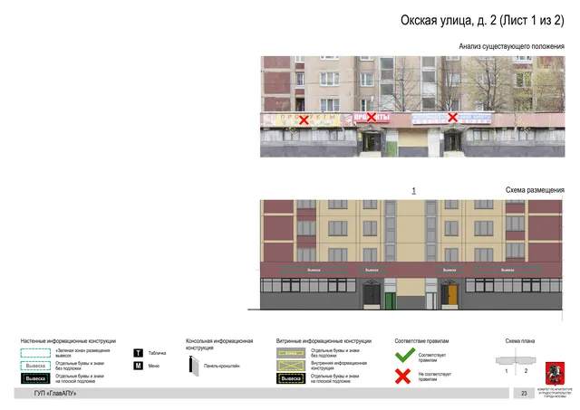 Архитектурная концепция размещения вывесок — Окская улица, 2, Москва, лист 1 из 2 · Документ по адресу · Архитектурно-художественная концепция · 2016 год