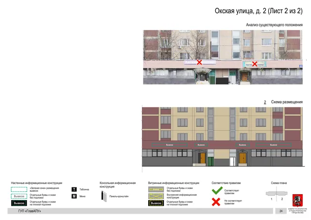 Архитектурная концепция размещения вывесок — Окская улица, 2, Москва, лист 2 из 2 · Документ по адресу · Архитектурно-художественная концепция · 2016 год