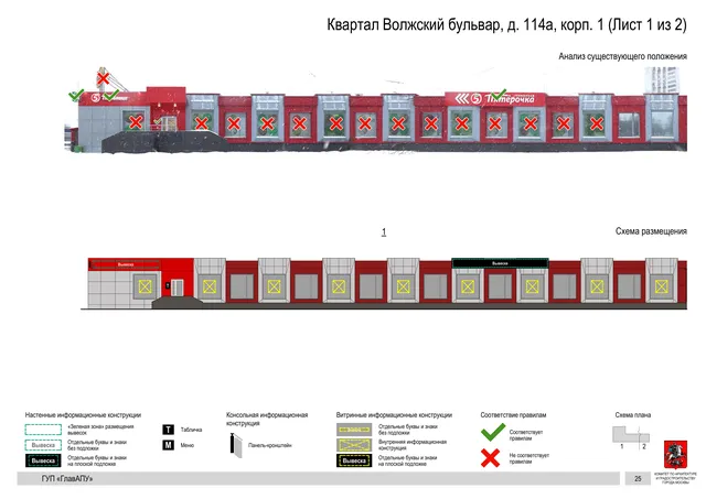 Архитектурная концепция размещения вывесок — Квартал волжский бульвар, 114А, корп. 1, Москва, лист 1 из 2 · Документ по адресу · Архитектурно-художественная концепция · 2016 год