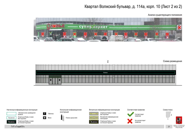 Архитектурная концепция размещения вывесок — Квартал волжский бульвар, 114А, корп. 10, Москва, лист 2 из 2 · Документ по адресу · Архитектурно-художественная концепция · 2016 год