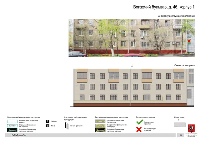 Архитектурная концепция размещения вывесок — Волжский бульвар, 46, корп. 1, Москва, страница PDF 41 · Документ по адресу · Архитектурно-художественная концепция · 2016 год