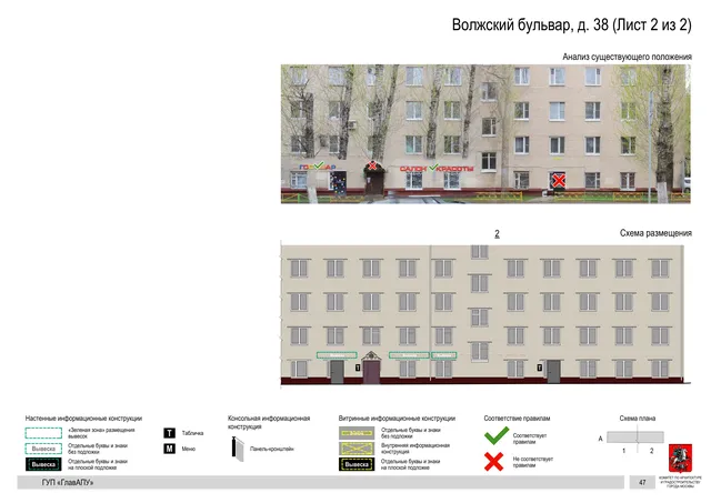 Архитектурная концепция размещения вывесок — Волжский бульвар, 38, Москва, лист 2 из 2 · Документ по адресу · Архитектурно-художественная концепция · 2016 год
