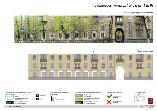 Архитектурная концепция размещения вывесок — Саратовская улица, 18/10, Москва, лист 1 из 6 · Документ по адресу · Архитектурно-художественная концепция · 2016 год