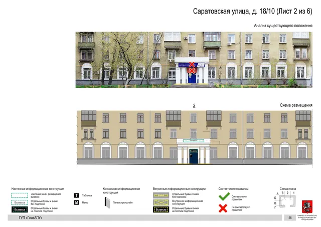 Архитектурная концепция размещения вывесок — Саратовская улица, 18/10, Москва, лист 2 из 6 · Документ по адресу · Архитектурно-художественная концепция · 2016 год