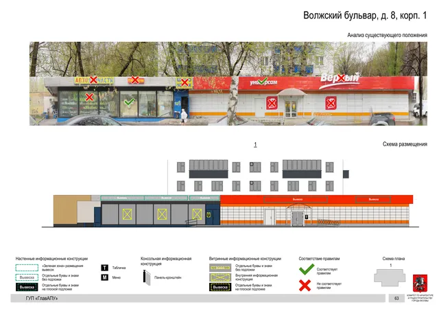 Архитектурная концепция размещения вывесок — Волжский бульвар, 8, корп. 1, Москва, страница PDF 65 · Документ по адресу · Архитектурно-художественная концепция · 2016 год