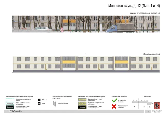 Архитектурная концепция размещения вывесок — Молостовых улица, 12, Москва, лист 1 из 4 · Документ по адресу · Архитектурно-художественная концепция · 2016 год