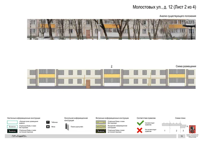 Архитектурная концепция размещения вывесок — Молостовых улица, 12, Москва, лист 2 из 4 · Документ по адресу · Архитектурно-художественная концепция · 2016 год