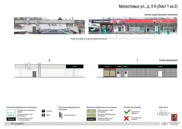 Архитектурная концепция размещения вывесок — Молостовых улица, 3А, Москва, лист 1 из 2 · Документ по адресу · Архитектурно-художественная концепция · 2016 год