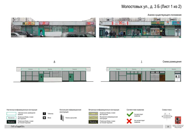 Архитектурная концепция размещения вывесок — Молостовых улица, 3Б, Москва, лист 1 из 2 · Документ по адресу · Архитектурно-художественная концепция · 2016 год