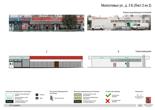 Архитектурная концепция размещения вывесок — Молостовых улица, 3Б, Москва, лист 2 из 2 · Документ по адресу · Архитектурно-художественная концепция · 2016 год