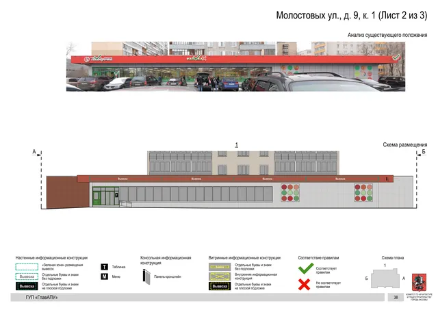 Архитектурная концепция размещения вывесок — Молостовых улица, 9, корп. 1, Москва, лист 2 из 3 · Документ по адресу · Архитектурно-художественная концепция · 2016 год
