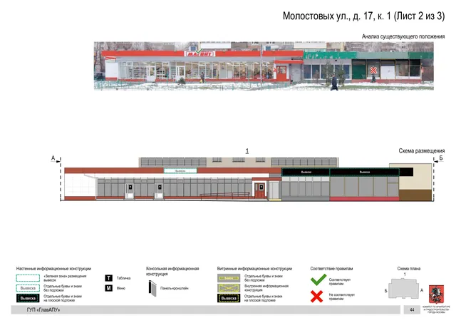 Архитектурная концепция размещения вывесок — Молостовых улица, 17, корп. 1, Москва, лист 2 из 3 · Документ по адресу · Архитектурно-художественная концепция · 2016 год