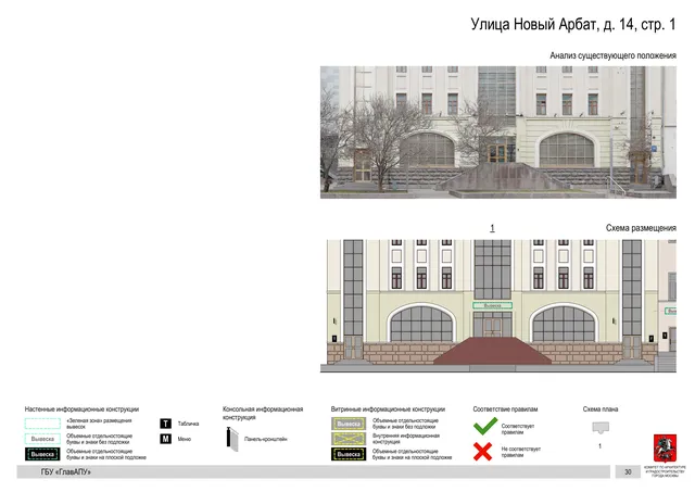 Улица Новый Арбат, д. 14, стр. 1 · PDF 32 Архитектурная концепция размещения вывесок — Новый арбат улица, 14, стр. 1, Москва, страница PDF 32 · Документ по адресу · АХК № 2047 от 07.10.2024