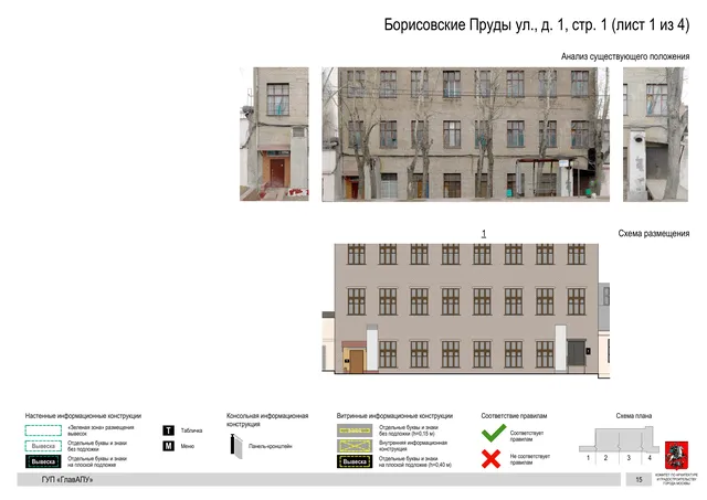 Архитектурная концепция размещения вывесок — Борисовские пруды улица, 1, стр. 1, Москва, лист 1 из 4 · Документ по адресу · Архитектурно-художественная концепция · 2016 год