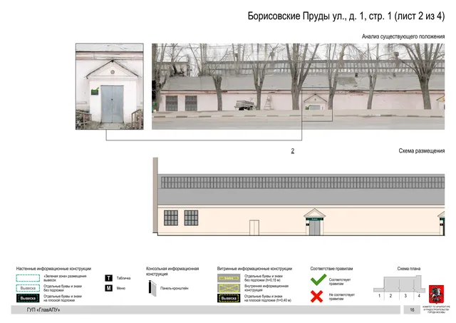 Архитектурная концепция размещения вывесок — Борисовские пруды улица, 1, стр. 1, Москва, лист 2 из 4 · Документ по адресу · Архитектурно-художественная концепция · 2016 год
