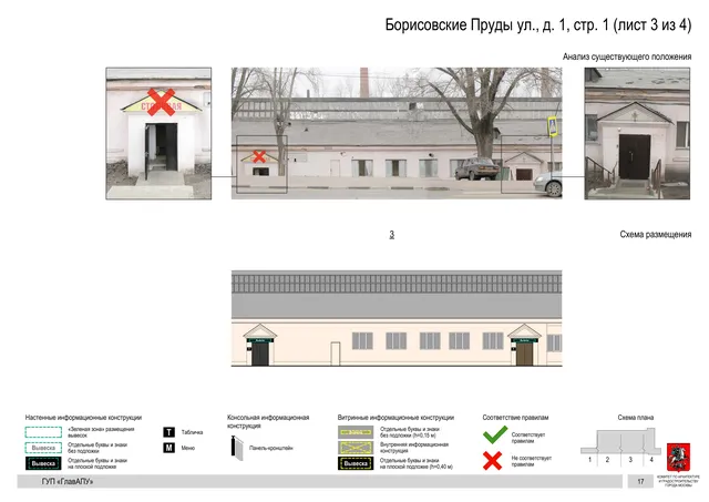 Архитектурная концепция размещения вывесок — Борисовские пруды улица, 1, стр. 1, Москва, лист 3 из 4 · Документ по адресу · Архитектурно-художественная концепция · 2016 год