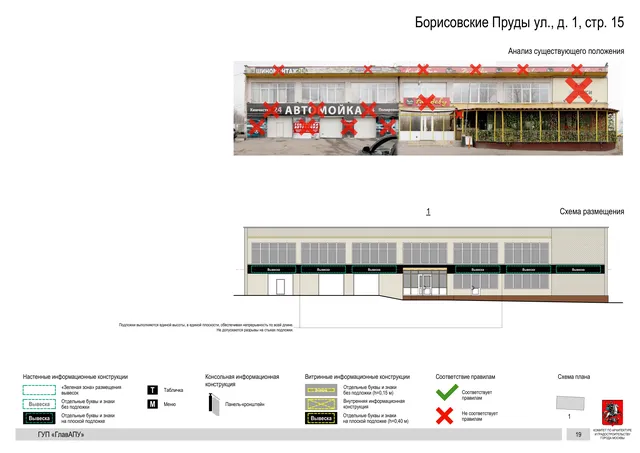 Архитектурная концепция размещения вывесок — Борисовские пруды улица, 1, стр. 15, Москва, страница PDF 19 · Документ по адресу · Архитектурно-художественная концепция · 2016 год