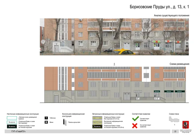 Архитектурная концепция размещения вывесок — Борисовские пруды улица, 13, корп. 1, Москва, страница PDF 22 · Документ по адресу · Архитектурно-художественная концепция · 2016 год