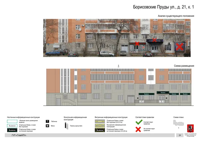Архитектурная концепция размещения вывесок — Борисовские пруды улица, 21, корп. 1, Москва, страница PDF 24 · Документ по адресу · Архитектурно-художественная концепция · 2016 год