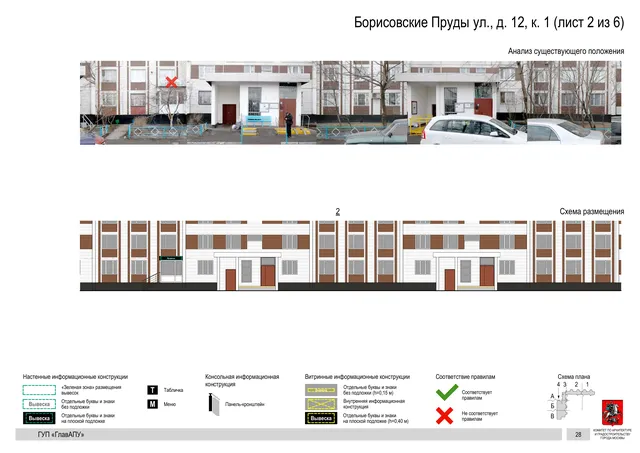 Архитектурная концепция размещения вывесок — Борисовские пруды улица, 12, корп. 1, Москва, лист 2 из 6 · Документ по адресу · Архитектурно-художественная концепция · 2016 год