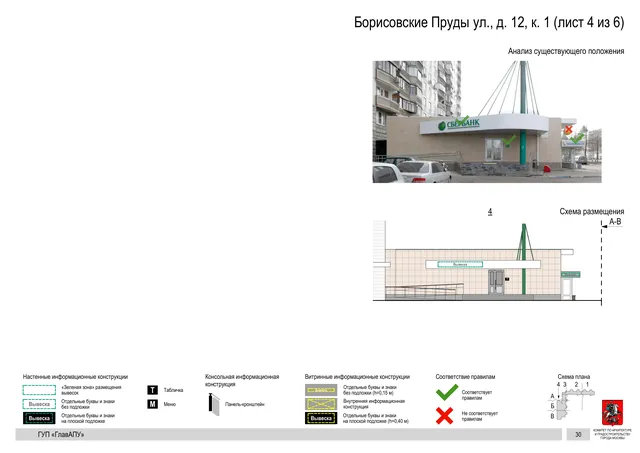 Архитектурная концепция размещения вывесок — Борисовские пруды улица, 12, корп. 1, Москва, лист 4 из 6 · Документ по адресу · Архитектурно-художественная концепция · 2016 год