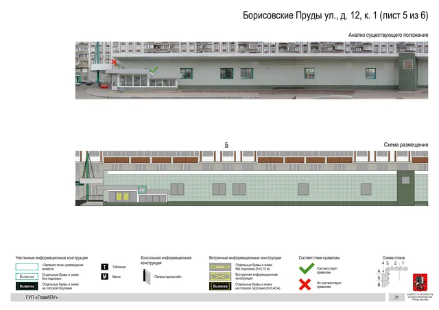 Архитектурная концепция размещения вывесок — Борисовские пруды улица, 12, корп. 1, Москва, лист 5 из 6 · Документ по адресу · Архитектурно-художественная концепция · 2016 год