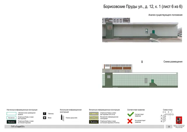Архитектурная концепция размещения вывесок — Борисовские пруды улица, 12, корп. 1, Москва, лист 6 из 6 · Документ по адресу · Архитектурно-художественная концепция · 2016 год