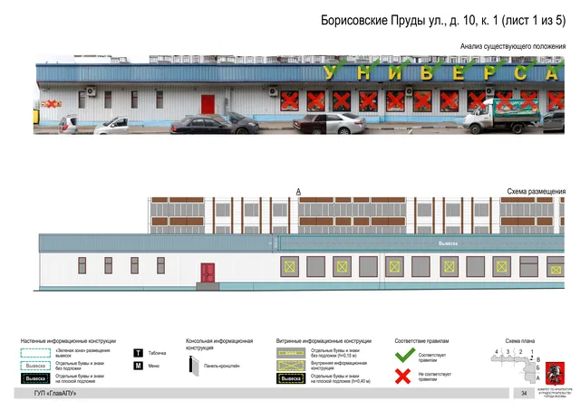 Архитектурная концепция размещения вывесок — Борисовские пруды улица, 10, корп. 1, Москва, лист 1 из 5 · Документ по адресу · Архитектурно-художественная концепция · 2016 год