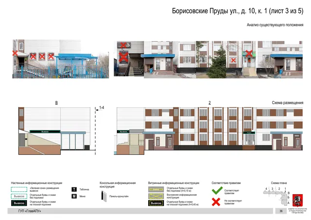 Архитектурная концепция размещения вывесок — Борисовские пруды улица, 10, корп. 1, Москва, лист 3 из 5 · Документ по адресу · Архитектурно-художественная концепция · 2016 год