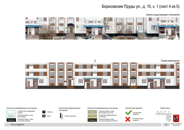 Архитектурная концепция размещения вывесок — Борисовские пруды улица, 10, корп. 1, Москва, лист 4 из 5 · Документ по адресу · Архитектурно-художественная концепция · 2016 год
