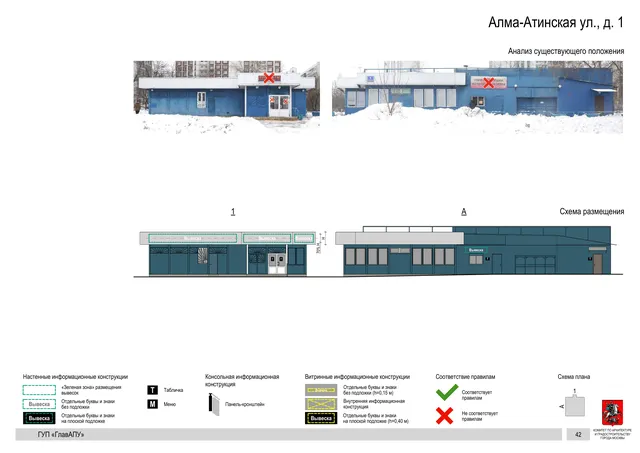 Архитектурная концепция размещения вывесок — Алма-атинская улица, 1, Москва, страница PDF 42 · Документ по адресу · Архитектурно-художественная концепция · 2016 год