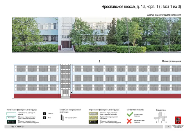 Архитектурная концепция размещения вывесок — Ярославское шоссе, 13, корп. 1, Москва, лист 1 из 3 · Документ по адресу · Архитектурно-художественная концепция · 2020 год