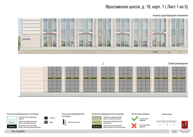 Архитектурная концепция размещения вывесок — Ярославское шоссе, 19, корп. 1, Москва, лист 1 из 3 · Документ по адресу · Архитектурно-художественная концепция · 2020 год