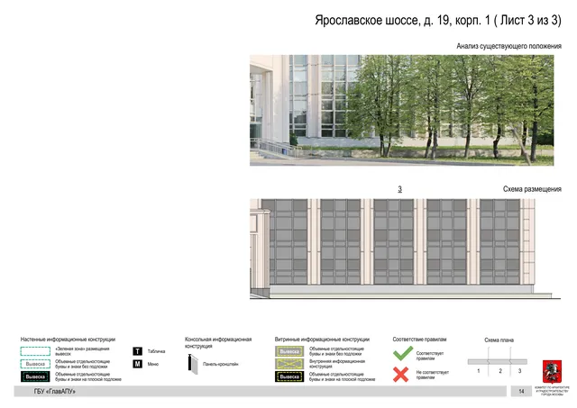 Архитектурная концепция размещения вывесок — Ярославское шоссе, 19, корп. 1, Москва, лист 3 из 3 · Документ по адресу · Архитектурно-художественная концепция · 2020 год