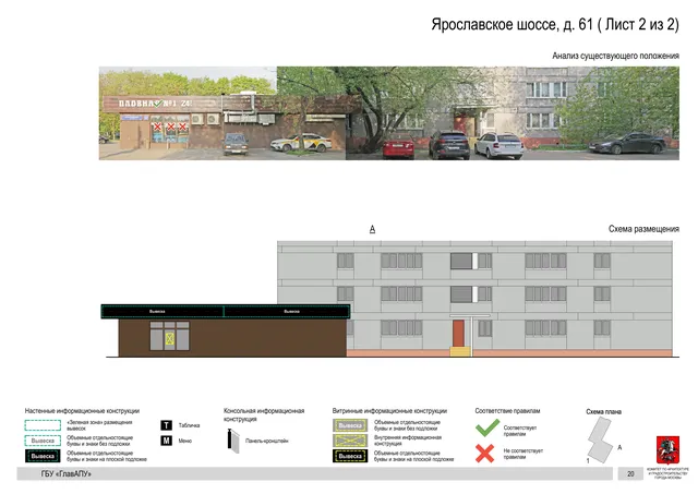 Архитектурная концепция размещения вывесок — Ярославское шоссе, 61, Москва, лист 2 из 2 · Документ по адресу · Архитектурно-художественная концепция · 2020 год