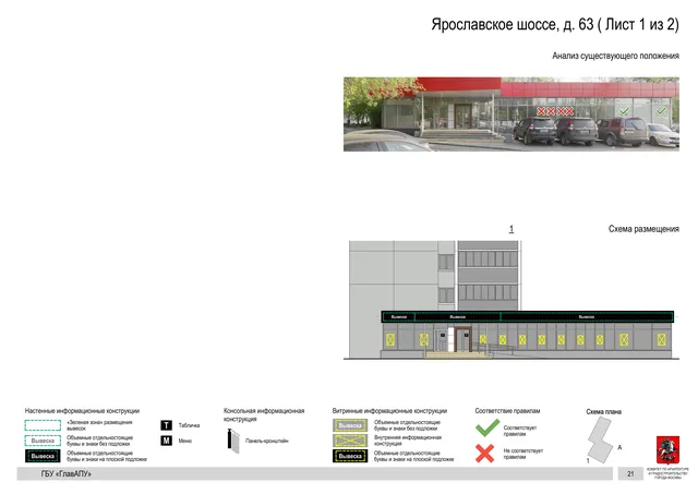 Архитектурная концепция размещения вывесок — Ярославское шоссе, 63, Москва, лист 1 из 2 · Документ по адресу · Архитектурно-художественная концепция · 2020 год