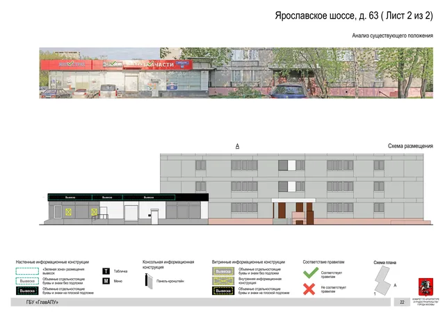 Архитектурная концепция размещения вывесок — Ярославское шоссе, 63, Москва, лист 2 из 2 · Документ по адресу · Архитектурно-художественная концепция · 2020 год