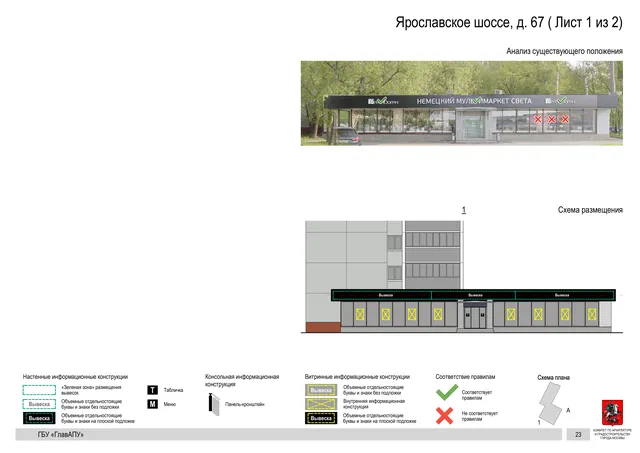 Архитектурная концепция размещения вывесок — Ярославское шоссе, 67, Москва, лист 1 из 2 · Документ по адресу · Архитектурно-художественная концепция · 2020 год