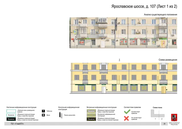 Архитектурная концепция размещения вывесок — Ярославское шоссе, 107, Москва, лист 1 из 2 · Документ по адресу · Архитектурно-художественная концепция · 2020 год