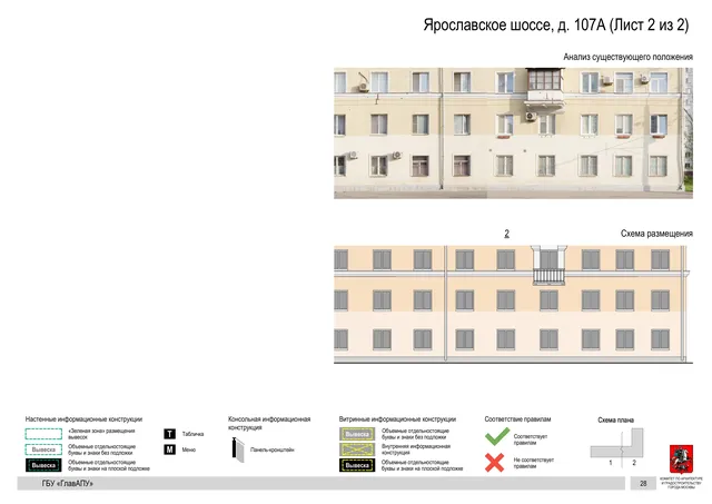 Архитектурная концепция размещения вывесок — Ярославское шоссе, 107А, Москва, лист 2 из 2 · Документ по адресу · Архитектурно-художественная концепция · 2020 год