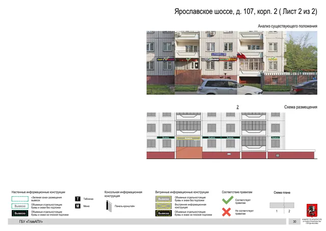 Архитектурная концепция размещения вывесок — Ярославское шоссе, 107, корп. 2, Москва, лист 2 из 2 · Документ по адресу · Архитектурно-художественная концепция · 2020 год