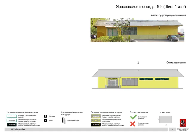 Архитектурная концепция размещения вывесок — Ярославское шоссе, 109, Москва, лист 1 из 2 · Документ по адресу · Архитектурно-художественная концепция · 2020 год