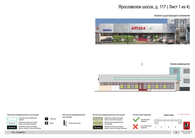 Архитектурная концепция размещения вывесок — Ярославское шоссе, 117, Москва, лист 1 из 4 · Документ по адресу · Архитектурно-художественная концепция · 2020 год